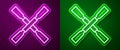 Glowing neon line Oars or paddles boat icon isolated on purple and green background. Vector