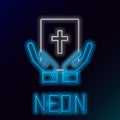 Glowing neon line Oath on the Holy Bible icon isolated on black background. The procedure in court. Truth and truth