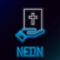 Glowing neon line Oath on the Holy Bible icon isolated on black background. The procedure in court. Truth and truth