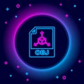 Glowing neon line OBJ file document. Download obj button icon isolated on black background. OBJ file symbol. Colorful Royalty Free Stock Photo