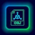 Glowing neon line OBJ file document. Download obj button icon isolated on black background. OBJ file symbol. Colorful Royalty Free Stock Photo