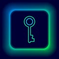 Glowing neon line Old key icon isolated on black background. Colorful outline concept. Vector Royalty Free Stock Photo