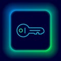 Glowing neon line Old key icon isolated on black background. Colorful outline concept. Vector Royalty Free Stock Photo