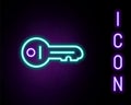 Glowing neon line Old key icon isolated on black background. Colorful outline concept. Vector Royalty Free Stock Photo