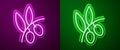 Glowing neon line Olives branch icon isolated on purple and green background. Vector