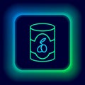 Glowing neon line Olives in can icon isolated on black background. Concept of canned food. Colorful outline concept Royalty Free Stock Photo