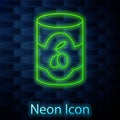 Glowing neon line Olives in can icon isolated on brick wall background. Concept of canned food. Vector