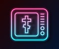 Glowing neon line Online church pastor preaching video streaming icon isolated on black background. Online church of