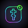 Glowing neon line Online church pastor preaching video streaming icon isolated on black background. Online church of