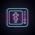 Glowing neon line Online church pastor preaching video streaming icon isolated on black background. Online church of