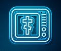 Glowing neon line Online church pastor preaching video streaming icon isolated on blue background. Online church of