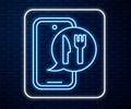 Glowing neon line Online ordering and fast food delivery icon isolated on brick wall background. Burger sign. Vector Royalty Free Stock Photo