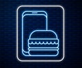 Glowing neon line Online ordering and fast food delivery icon isolated on brick wall background. Burger sign. Vector Royalty Free Stock Photo