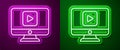 Glowing neon line Online play video icon isolated on purple and green background. Computer monitor and film strip with