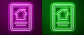 Glowing neon line Online real estate house on tablet icon isolated on purple and green background. Home loan concept Royalty Free Stock Photo