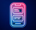 Glowing neon line Online translator icon isolated on blue background. Foreign language conversation icons in chat speech Royalty Free Stock Photo