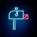 Glowing neon line Open mail box icon isolated on brick wall background. Mailbox icon. Mail postbox on pole with flag Royalty Free Stock Photo