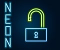 Glowing neon line Open padlock icon isolated on black background. Opened lock sign. Cyber security concept. Digital data Royalty Free Stock Photo