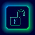 Glowing neon line Open padlock icon isolated on black background. Opened lock sign. Cyber security concept. Digital data Royalty Free Stock Photo