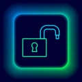 Glowing neon line Open padlock icon isolated on black background. Opened lock sign. Cyber security concept. Digital data Royalty Free Stock Photo