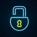 Glowing neon line Open padlock icon isolated on black background. Opened lock sign. Cyber security concept. Digital data Royalty Free Stock Photo