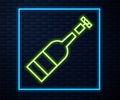 Glowing neon line Opened bottle of wine icon isolated on brick wall background. Vector Illustration