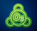 Glowing neon line Ozone molecule icon isolated on blue background. Ozone, O3, trioxygen, inorganic molecule. Structural