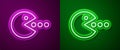 Glowing neon line Pacman with eat icon isolated on purple and green background. Arcade game icon. Pac man sign. Vector Royalty Free Stock Photo