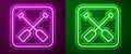 Glowing neon line Paddle icon isolated on purple and green background. Paddle boat oars. Vector