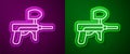 Glowing neon line Paintball gun icon isolated on purple and green background. Vector Illustration