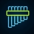 Glowing neon line Pan flute icon isolated on black background. Traditional peruvian musical instrument. Folk instrument Royalty Free Stock Photo