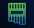 Glowing neon line Pan flute icon isolated on blue background. Traditional peruvian musical instrument. Zampona. Folk Royalty Free Stock Photo