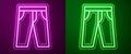 Glowing neon line Pants icon isolated on purple and green background. Trousers sign. Vector
