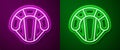 Glowing neon line Parachute icon isolated on purple and green background. Extreme sport. Sport equipment. Vector