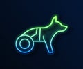 Glowing neon line Paralyzed dog in wheelchair icon isolated on blue background. Vector