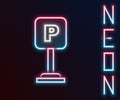 Glowing neon line Parking icon isolated on black background. Street road sign. Colorful outline concept. Vector Royalty Free Stock Photo