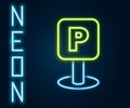 Glowing neon line Parking icon isolated on black background. Street road sign. Colorful outline concept. Vector Royalty Free Stock Photo