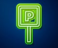 Glowing neon line Parking icon isolated on blue background. Street road sign. Vector Royalty Free Stock Photo