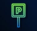 Glowing neon line Parking icon isolated on blue background. Street road sign. Vector Royalty Free Stock Photo