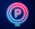 Glowing neon line Parking icon isolated on blue background. Street road sign. Vector Royalty Free Stock Photo