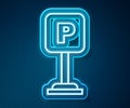 Glowing neon line Parking icon isolated on blue background. Street road sign. Vector Royalty Free Stock Photo