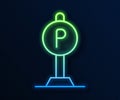 Glowing neon line Parking icon isolated on blue background. Street road sign. Vector Royalty Free Stock Photo