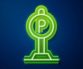 Glowing neon line Parking icon isolated on blue background. Street road sign. Vector Royalty Free Stock Photo