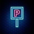 Glowing neon line Parking icon isolated on brick wall background. Street road sign. Colorful outline concept. Vector Royalty Free Stock Photo