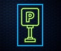 Glowing neon line Parking icon isolated on brick wall background. Street road sign. Vector Illustration Royalty Free Stock Photo