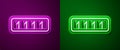 Glowing neon line Password protection and safety access icon isolated on purple and green background. Security, safety