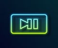Glowing neon line Pause button icon isolated on black background. Vector