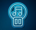 Glowing neon line Pause button icon isolated on blue background. Vector