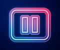 Glowing neon line Pause button icon isolated on blue background. Vector
