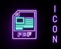 Glowing neon line PDF file document. Download pdf button icon isolated on black background. PDF file symbol. Colorful